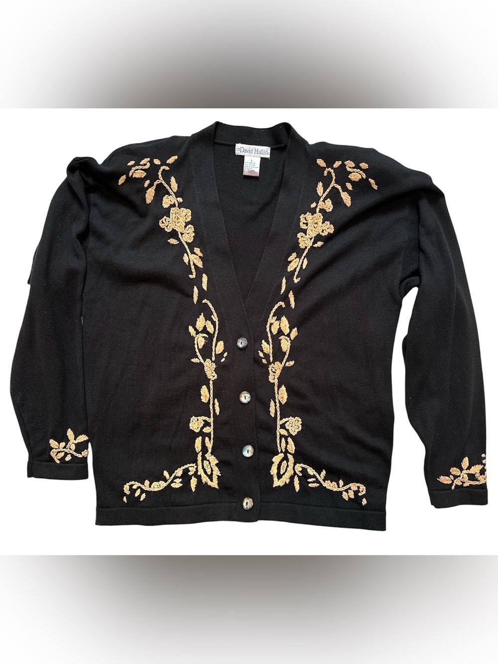 90s David Hollis Black Cardigan Gold Floral Embroidery Grandmacore